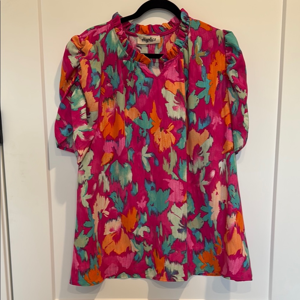 Beautiful Pink, Orange and Blue Puff Sleeve Blouse. Size 2X